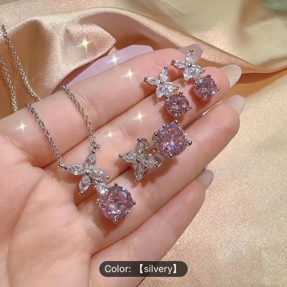 3 Piece Pink and Silver Set Necklace, Earring, & Ring